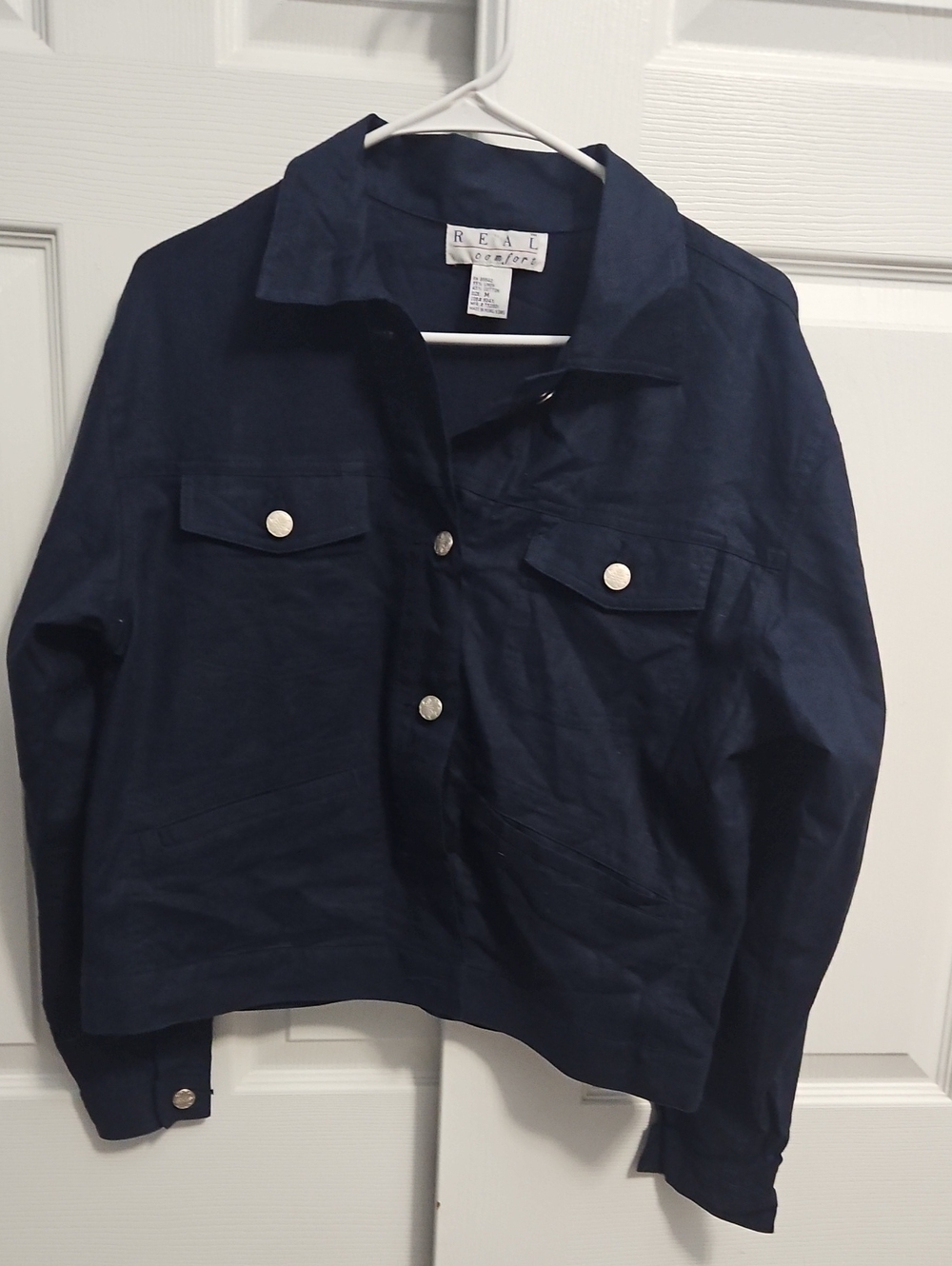 Vintage 90s Navy Linen-Cotton Crop Utility Jacket | REAL Comfort | Size M